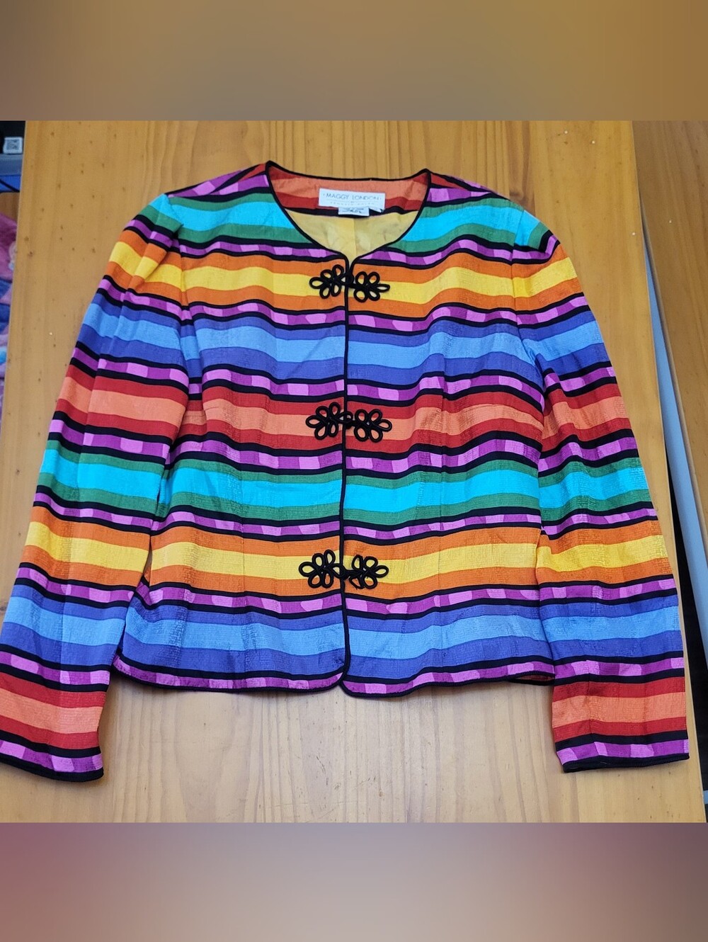100% Silk Maggy London Rainbow Striped Cropped Blazer with Black Trim